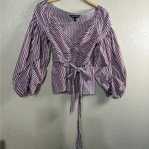 Express Red and White Striped Wrap Blouse